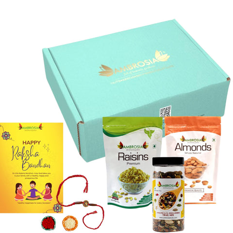 Ambrosia Classic Dry Fruits Gift Box with Rakhi Tikka & Greeting Card (Almonds 250g, Raisins 250 g, Trail Mix 250 g)