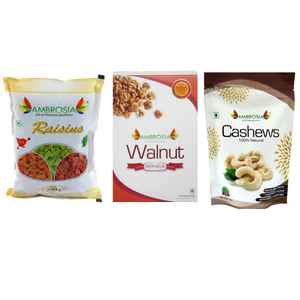 Ambrosia Nuts Online Kernels Ambrosia Premium Dry Fruits 1kg Combo - Walnut Kernels 250g , Cashew 250g, Raisins 500g