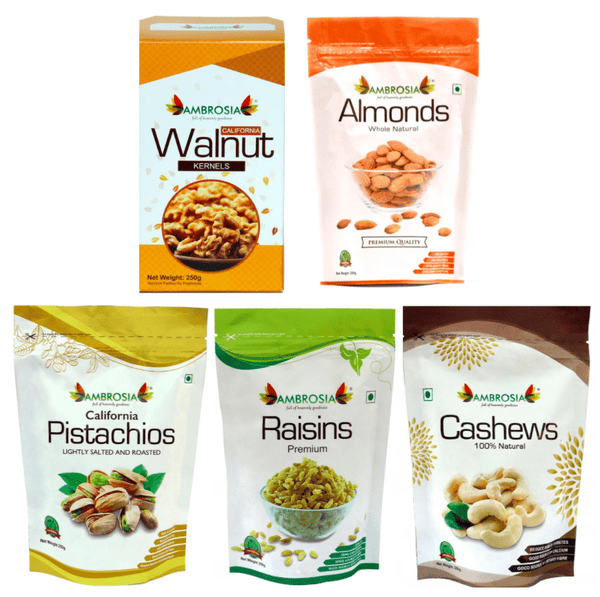 Ambrosia Nuts Online Kernels Combo Pack of Nuts & Raisins Walnuts, Almonds, Pistachios, Raisins, Cashews (Each 250g)