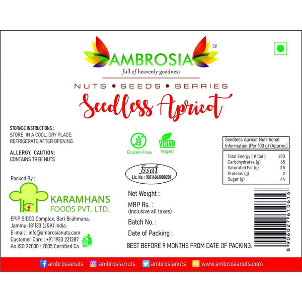 Ambrosia Nuts Online Kernels Turkish Seedless Apricots - 250g