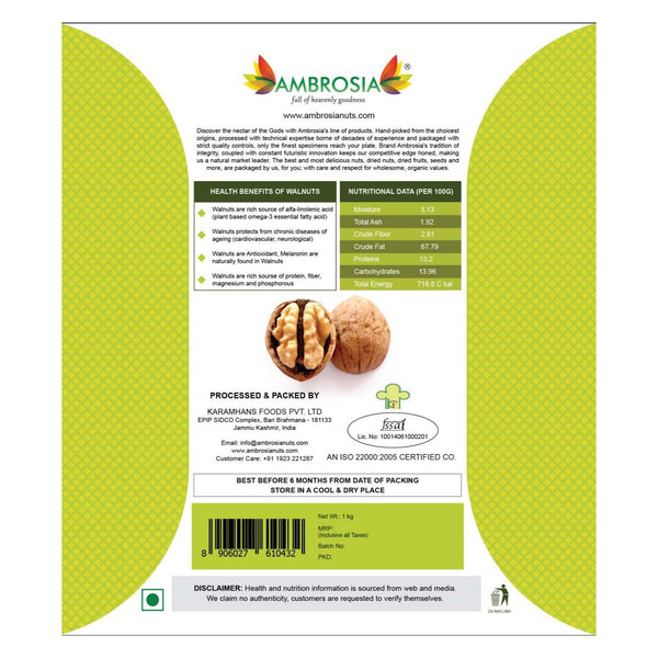 Ambrosia Nuts Online Plain California Walnuts with Shell - Jumbo 1000g