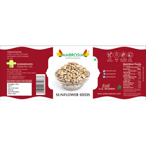 Ambrosia Nuts Online Raw Sunflower Seeds - Raw 250g